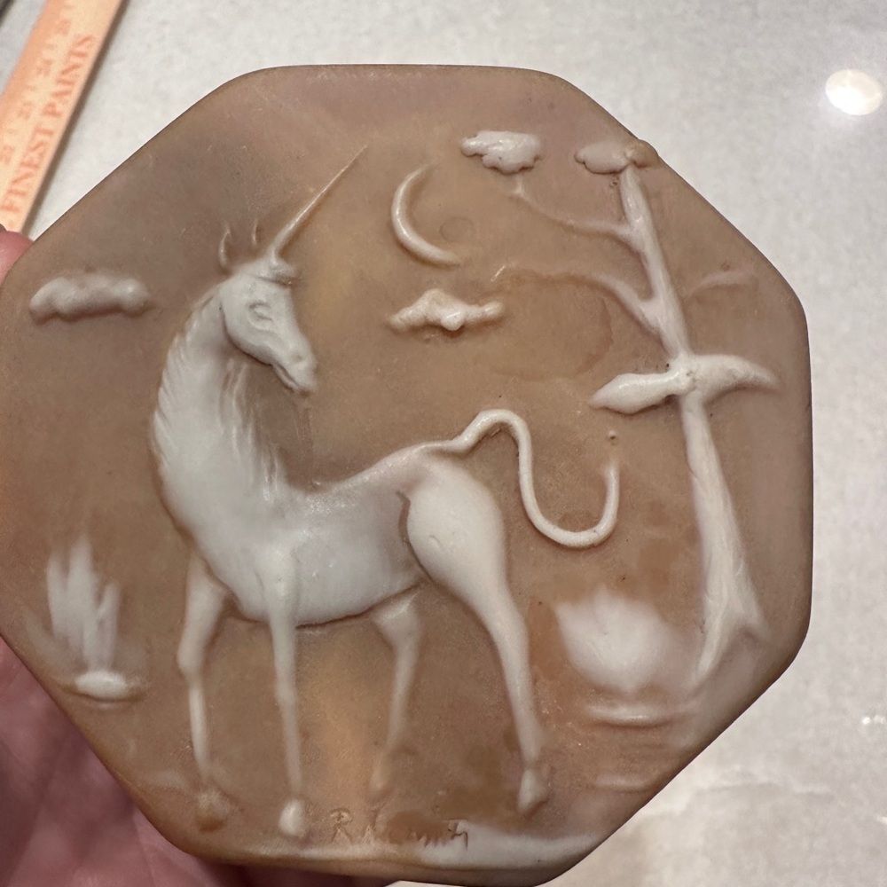 Vintage 1974 robert memory signed carved Unicorn trinket dish